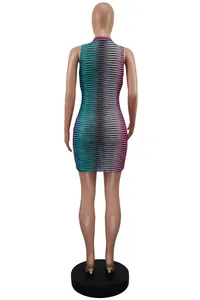 Back view of a sleeveless mesh bodycon mini dress featuring a gradient color grid pattern