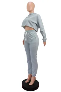 Side view of women's gray fleece tracksuit set with cropped hoodie and sweatpants