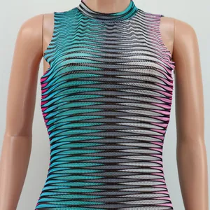 Detailed view of a sleeveless mesh lace bodycon dress featuring colorful wavy patterns