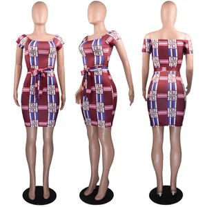 Off-shoulder bodycon mini dress with geometric digital print and matching belt, three angles view