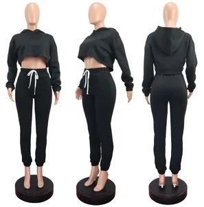 Full three-view display of a black cropped hoodie and joggers set on a mannequin