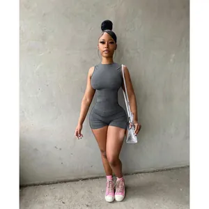 Slim fit dark grey sleeveless crewneck bodycon romper for summer street fashion