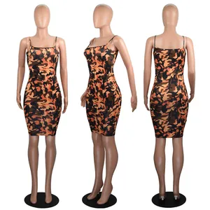 Detailed view of women's sexy bodycon camouflage print cami dress from three angles
