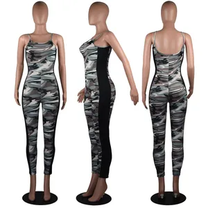 Close-up multi-angle view of a sexy camouflage backless jumpsuit with side stripes