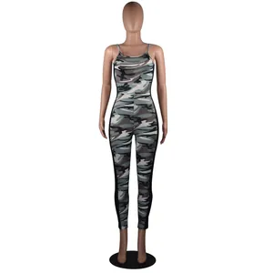 Front full-length view of a sexy camouflage print jumpsuit on a fashion mannequin