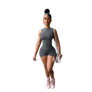 Sleeveless crew neck bodycon romper shorts for women in grey summer casual style