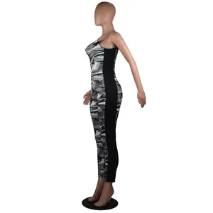 Side view of a sexy camouflage slim-fit one-piece jumpsuit on a professional female mannequin