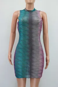 Sleeveless sexy lace mesh bodycon dress featuring colorful gradient wave pattern