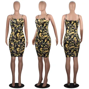 Three-view display of a sexy slim fit camouflage mini dress with spaghetti straps