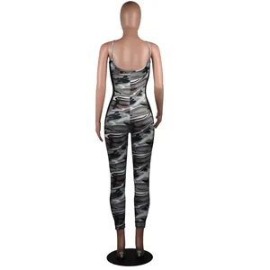 Detailed back view of a slim fit sexy backless camouflage print casual jumpsuit for women