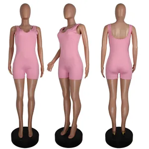 Three-way view of pink ribbed knit sleeveless tank romper showing front, side, and back