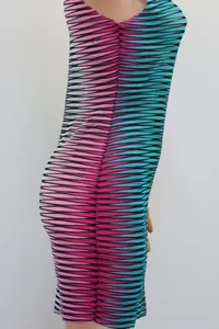 Detailed side view of pink and teal textured lace mesh hollow out sexy bodycon dress