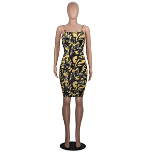 Detail view of yellow camouflage bodycon cami dress with slim fit and mini length