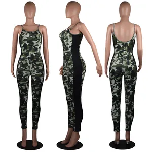 Detailed front side and back view of sexy camouflage print backless jumpsuit for women
