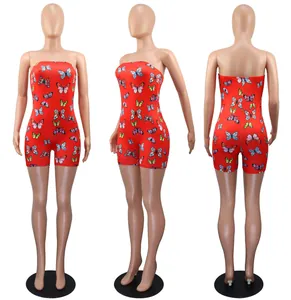 Roter Bodycon-Jumpsuit mit Schmetterlingsdruck trägerlos Vorder- und Rückansicht