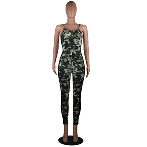 Full-length detailed view of a women's camouflage print slim-fit jumpsuit on a mannequin
