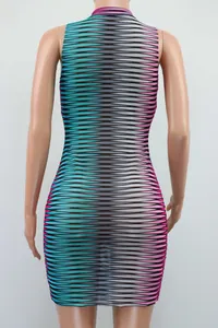 Back view detail of colorful mesh lace bodycon dress with hollow out wavy pattern