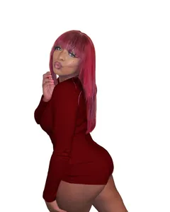 Sexy burgundy long-sleeve V-neck romper loungewear for women shown in detail on model