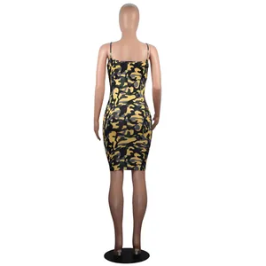 Back view of the slim-fit camouflage bodycon camisole dress with yellow and black patterns