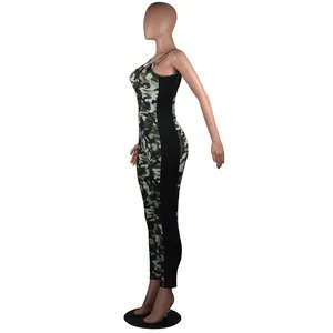 Detailed side view of a sexy camouflage slim-fit jumpsuit featuring black side panels