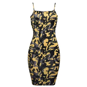 Close-up of sexy bodycon mini dress featuring yellow and black camouflage print pattern.