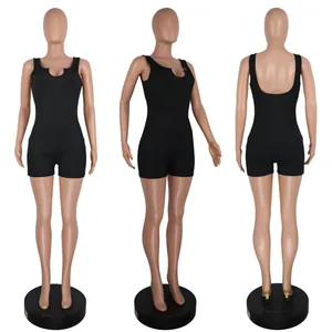 Full multi-angle view showing front, side, and back of black ribbed U-neck slim romper.