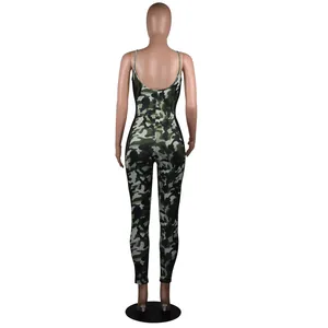 Back view of a sexy camo print jumpsuit on a mannequin with backless design