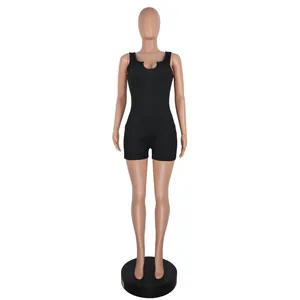 Front view of a black ribbed U-neck sleeveless slim fit romper shown on a mannequin