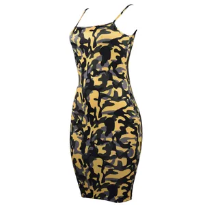 Detailed side view of a sexy yellow camouflage bodycon camisole dress for women.