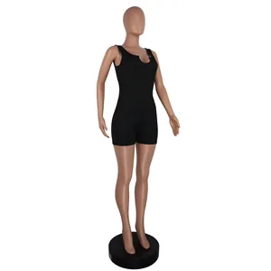 Black ribbed knit U-neck sleeveless romper bodysuit for women displayed on mannequin
