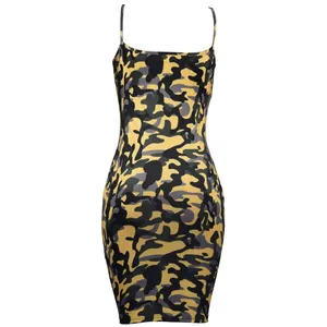 Rear view detail of a sexy camouflage bodycon camisole dress with slim straps
