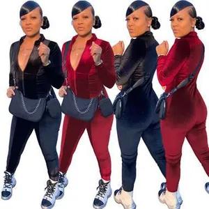 Sexy long sleeve velvet zipper jumpsuit romper set in black and burgundy colors
