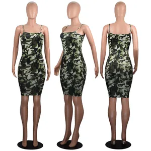 Detailed front, side and back views of a sexy camouflage bodycon camisole mini dress