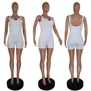 White ribbed knit U-neck sleeveless slim fit romper for women shown from three angles