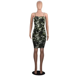Full view of camouflage print bodycon mini dress displayed on a female mannequin