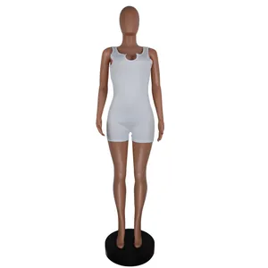 White ribbed knit sleeveless romper with U-neck, slim fit for summer casual wear style