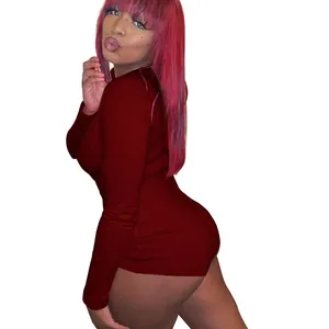 Sexy burgundy long-sleeved V-neck ribbed knit romper playsuit for women casual loungewear