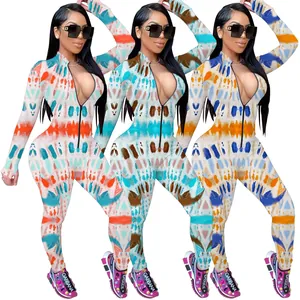 Detailed view of three stylish camo print long sleeve zipper front sexy jumpsuits