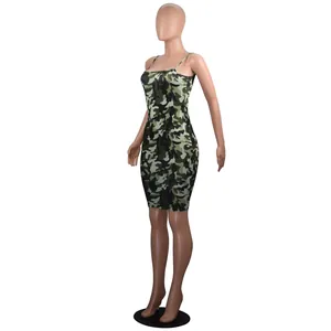 Full view detail of a sexy bodycon camisole dress with vibrant green camouflage pattern