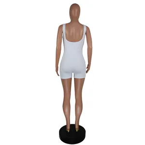 Back view of a white ribbed knit U-neck sleeveless bodycon jumpsuit on a mannequin.