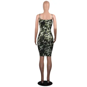 Detailed back view of a sexy camouflage bodycon midi dress with spaghetti straps