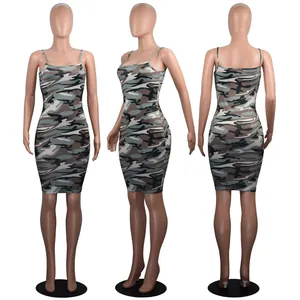 Detailed front side and back views of a sexy camouflage bodycon camisole mini dress