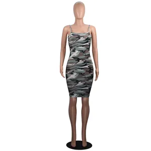 Front view of a sexy slim-fit bodycon camisole dress featuring a green camouflage print