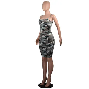 Sexy slim fit camouflage bodycon spaghetti strap dress displayed on a mannequin