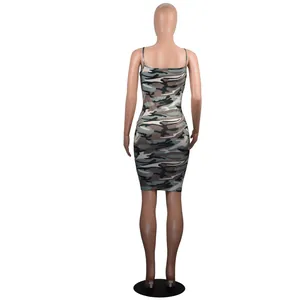 Detailed back view of a sexy camouflage bodycon camisole dress featuring slim fit.