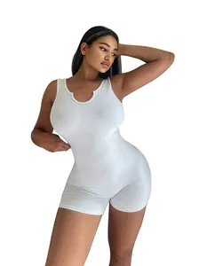 Sleeveless white ribbed U-neck slim-fit romper for casual summer and autumn wear