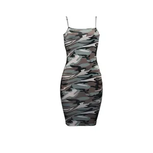 Detailed view of the camouflage pattern on a sexy slim fit camisole bodycon dress