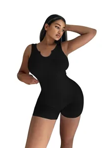 Women's sleeveless ribbed knit romper with U-neck design, solid black slim fit bodysuit