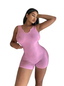 Trendy women's pink ribbed knit U-neck sleeveless slim fit short romper jumpsuit