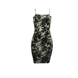 Detailed front view of a sexy camouflage bodycon mini dress with thin spaghetti straps.
